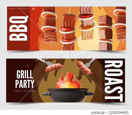 Grill and BBQ party invitation 3D cartoon vector flyers design set, realistic barbecue cooking pan with fire, roast meat Grill and BBQ party invitation 3D cartoon vector flyers design set, realistic barbecue cooking pan with fire, roast meat 128204465