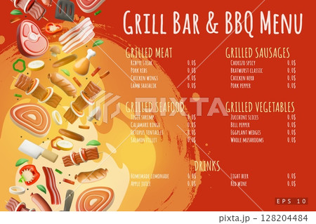 Grill bar and BBQ menu 3D cartoon vector poster design, BBQ barbecue menu, meat and sausages, picnic event invitation 128204484