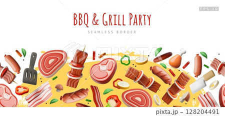 BBQ and grill party invitation 3D cartoon vector seamless border design, realistic barbecue meat, ribs, sausages 128204491