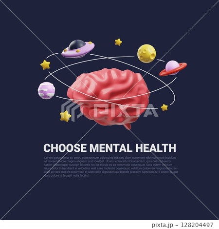 Choose mental health 3D cartoon plastic style vector poster design, brain in space with stars and planets Choose mental health 3D cartoon plastic style vector poster design, brain in space with stars and planets 128204497