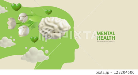 Mental health, self care love, psychology therapy, growing flowers from a brain, Awareness month 3D vector banner design Mental health, self care love, psychology therapy, growing flowers from a brain, Awareness month 3D vector banner design 128204500