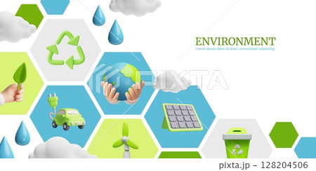 Environment, green ecological energy 3D cartoon vector banner design, solar panel, electric car, windmill, recycle sign 128204506