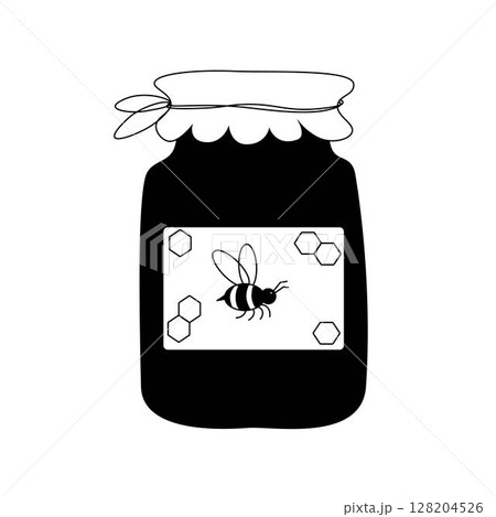 Elegant honey jar with bee and hexagon composition. Vector graphic line illustration. design for fashion graphics, textile prints, fabrics, wallpapers. For logo, web, package, sticker. 128204526