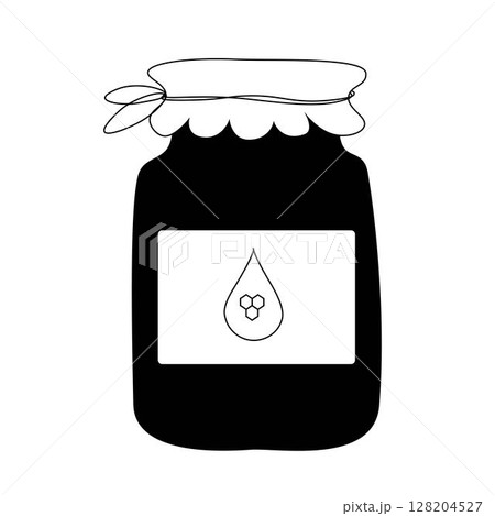 Honey jar and honey composition. Vector graphic line illustration. Jars and scoops of honey icon symbol. Sample poster, invitation, holiday banner, postcard. 128204527