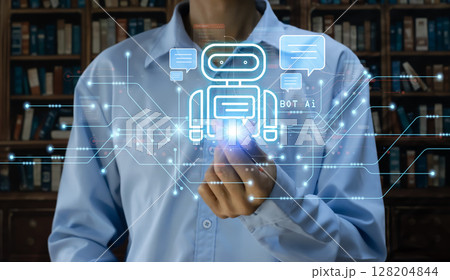 User concept using intelligent robot ai system. Chat with artificial intelligence. AI develops and creates future technology robots in the online world. Industry 5.0 User concept using intelligent robot ai system. Chat with artificial intelligence. AI develops and creates future technology robots in the online world. Industry 5.0 128204844