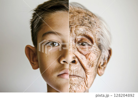 Split screen comparison of elderly and young asian man, concept of aging Split screen comparison of elderly and young asian man, concept of aging 128204892