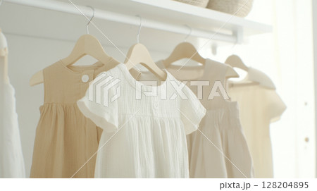 Neutral childrens clothes on hangers in bright closet, suitable for background 128204895
