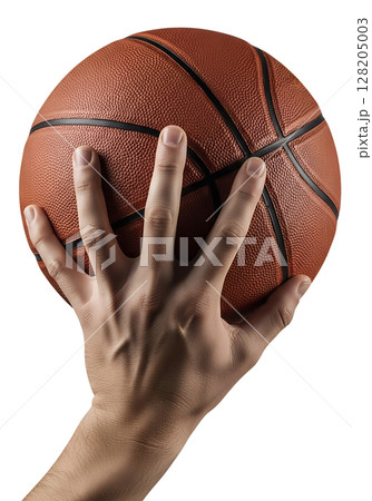 Hand holding orange basketball on transparent background, sports equipment, game-ready, basketball concept, athletic gear 128205003