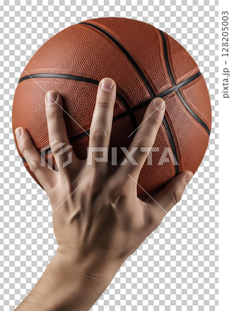 Hand holding orange basketball on transparent background, sports equipment, game-ready, basketball concept, athletic gear 128205003