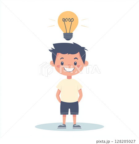 Cartoon Kid with Lightbulb Over Head  Bright Idea Concept 128205027