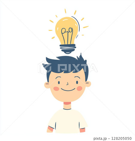 Cartoon Kid with Lightbulb Over Head  Bright Idea Concept 128205050
