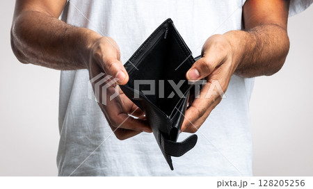 No Money. Unrecognizable Unemployed Black Man Showing Empty Wallet Standing Over White Studio Background. Bankruptcy, Unemployment And Poverty, Financial Crisis Concept. Cropped, Closeup No Money. Unrecognizable Unemployed Black Man Showing Empty Wallet Standing Over White Studio Background. Bankruptcy, Unemployment And Poverty, Financial Crisis Concept. Cropped, Closeup 128205256