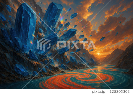 Mystical Crystal Shatter Over a Vibrant River Valley at Sunset 128205302