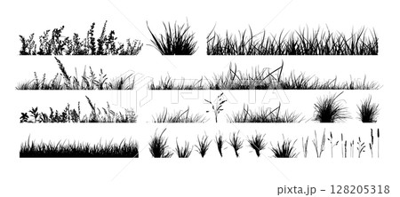 Set of horizontal banners of meadow silhouettes with grass. hand drawn. Not AI, Vector illustration 128205318