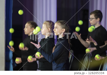 A group of children are juggling balls. The circus art of juggling. A group of children are juggling balls. The circus art of juggling. 128205334