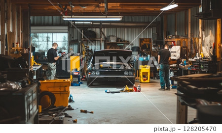 Two mechanics are repairing a classic car in a bustling garage filled with tools, equipment, and vibrant colors. 128205470