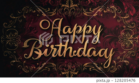 A beautifully crafted birthday card features intricate patterns and shimmering gold lettering wishing a happy birthday. 128205476