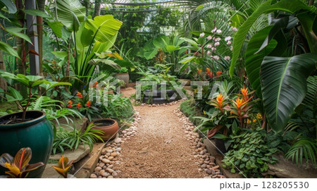 A serene pathway meanders through a lush tropical garden filled with vibrant flowers and greenery. 128205530
