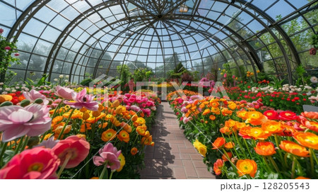 Vibrant flowers bloom in a lush glasshouse, showcasing a variety of colors and types during springtime. 128205543