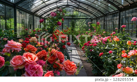 Colorful roses bloom in a glass greenhouse, surrounded by lush greenery, creating a serene and fragrant environment. 128205554