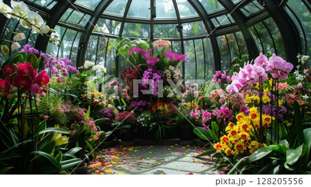A stunning collection of colorful orchids fills a glass conservatory, with sunlight streaming in and leaves providing a lush backdrop. 128205556