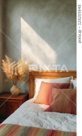 Cozy bedroom interior with warm colors, decorative pillows, and sunlight illuminating the space 128205648