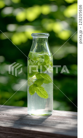 Glass bottle filled with water and fresh mint leaves on wooden surface in natural setting Glass bottle filled with water and fresh mint leaves on wooden surface in natural setting 128205686