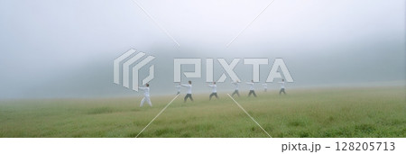 Group of individuals practicing tai chi in a serene foggy field, showcasing harmony and mindfulness in a tranquil natural environment 128205713