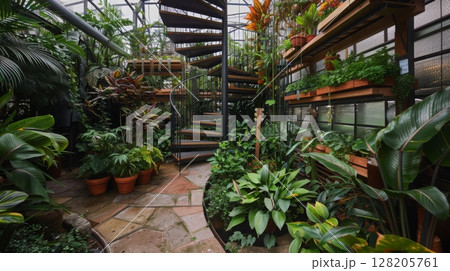 A spiral staircase winds through a vibrant greenhouse filled with numerous potted plants and greenery. 128205761