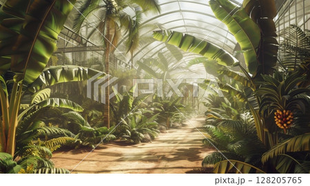 A vibrant conservatory filled with tall tropical plants and palms, illuminated by warm sunlight filtering through the glass roof, creating a serene and inviting atmosphere. 128205765