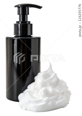 Foam soap with black pump dispenser isolated on transparent background, hygiene product, cleansing lather, bathroom essential 128205776