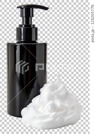 Foam soap with black pump dispenser isolated on transparent background, hygiene product, cleansing lather, bathroom essential 128205776