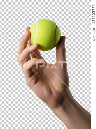 Hand holding green tennis ball, sports equipment isolated on transparent background, athletic grip, game concept, tennis tournament 128205779
