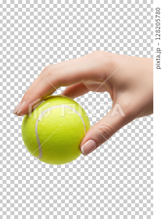 Hand holding green tennis ball, sports equipment isolated on transparent background, athletic grip, game concept, tennis tournament 128205780