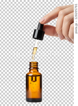 Hand with dropper dispensing serum from small brown glass bottle, skincare routine, isolated on transparent background, beauty treatment 128205781