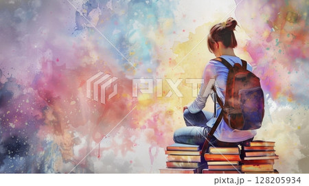 A girl in a backpack sits quietly on a stack of books, surrounded by a vibrant, abstract background full of colors and textures. 128205934