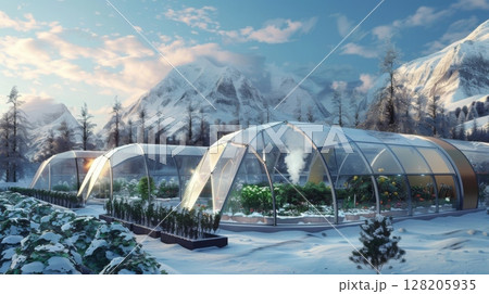 A snowy mountain landscape with three large greenhouses in the foreground, with plants growing inside. 128205935