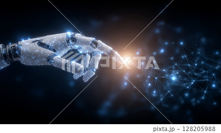 Cybernetic robotic hand reaches out to interact with glowing digital elements, symbolizing artificial intelligence and future technology. Cybernetic robotic hand reaches out to interact with glowing digital elements, symbolizing artificial intelligence and future technology. 128205988