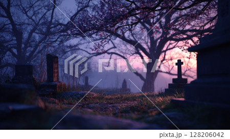 cemetery with leaning tombstones, dead trees and a ghostly fog floating in the air. 128206042