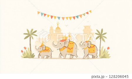 Onam with elephants in golden regalia, temples in background 128206045