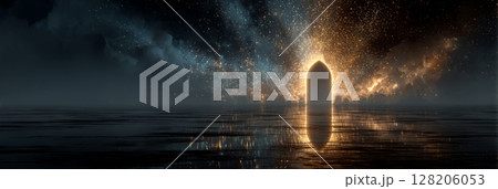 Surreal Glowing Ring Rising Over Reflective Water 128206053