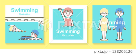 水着を着てプールで泳ぐ子どもたちのイラストセット_1 128206126