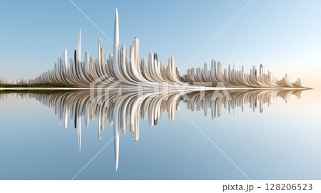Futuristic cityscape with skyscraper reflections over calm water Futuristic cityscape with skyscraper reflections over calm water 128206523