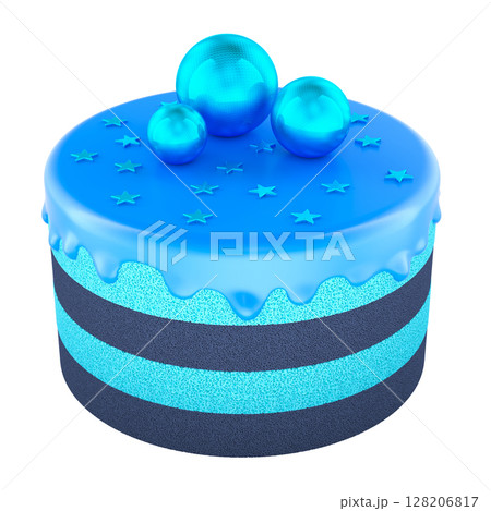 Blue layered cake with glossy icing, star sprinkles and decorative spheres. Perfect for boy birthday, bachelor party or its a boy baby shower. 3D rendering Blue layered cake with glossy icing, star sprinkles and decorative spheres. Perfect for boy birthday, bachelor party or its a boy baby shower. 3D rendering 128206817