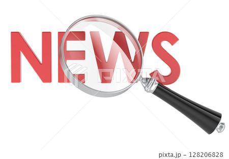 News with magnifying glass. Media search, journalism or news investigation concept. 3D rendering 128206828