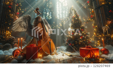 An angel playing the cello among Christmas decorations, creating a splendid atmosphere 128207469