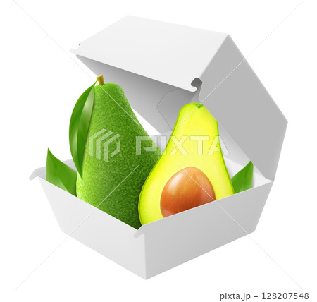 White food box with ripe avocado. Packaging for hamburger, lunch, fast food, burger, sandwich isolated on white background. Packaging Cardboard Box Mockup, Realistic 3d Vector Illustration 128207548