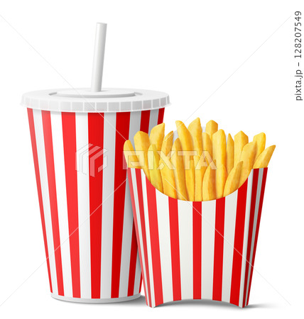 French fries in paper bag and Red and white striped disposable soft drink cup with straw. isolated on white background. takeaway food and drinks, mockup. Realistic 3d vector illustration. 128207549