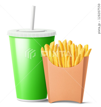 French fries in Kraft paper bag and light green disposable soft drink cup with drinking straw. isolated on white background. takeaway food and drinks, mockup. Realistic 3d vector illustration. French fries in Kraft paper bag and light green disposable soft drink cup with drinking straw. isolated on white background. takeaway food and drinks, mockup. Realistic 3d vector illustration. 128207550