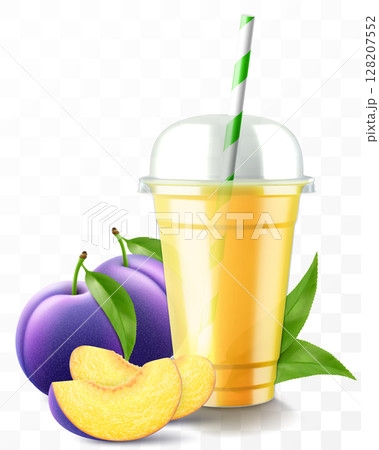 Clear plastic cup with plum juice or smoothie. Fruit cocktail. Cup with sphere dome cap for milkshake, lemonade, cold or hot drink. Mug of fruity organic shake. Realistic 3d vector template Clear plastic cup with plum juice or smoothie. Fruit cocktail. Cup with sphere dome cap for milkshake, lemonade, cold or hot drink. Mug of fruity organic shake. Realistic 3d vector template 128207552